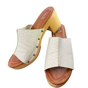 Mia Snakeskin Embossed wood block Heeled Sandal Ivory Slip On sz 8.5 Summer Shoe